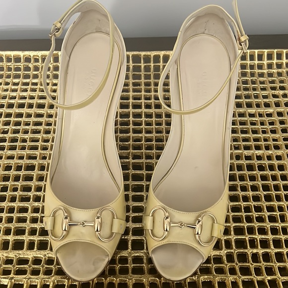 Gently Loved Pewter Cream Gucci Wedge Sandals with Gold hardware - Picture 2 of 3